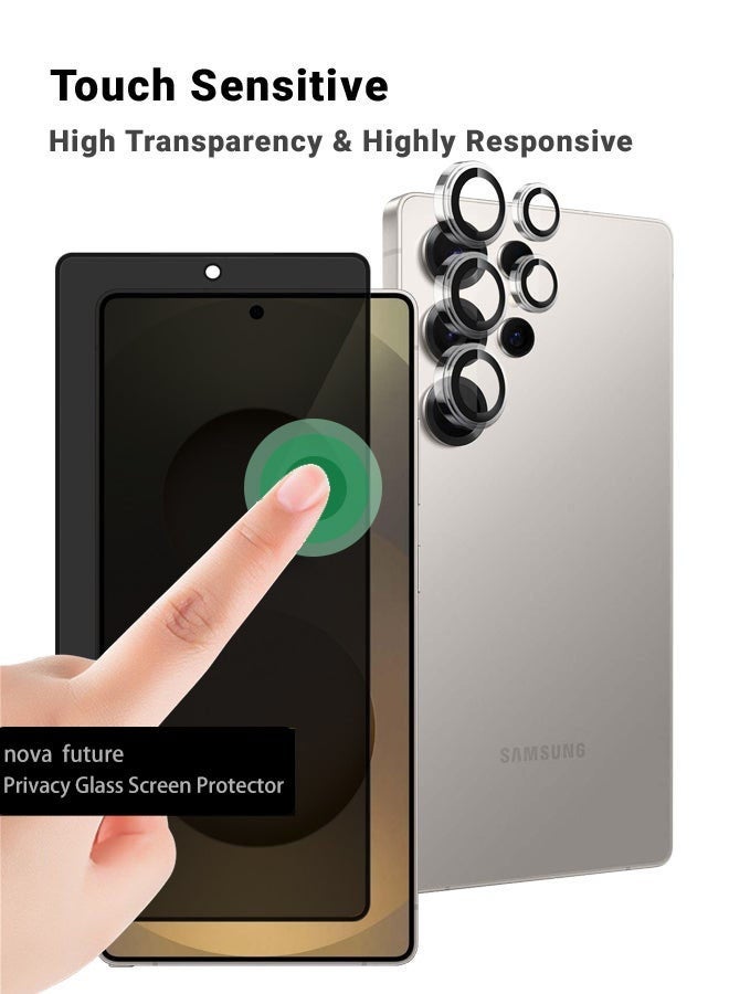 2 في 1 مجموعة حماية لهاتف سامسونج جالكسي اس 25 الترا - واقي شاشة زجاجي للخصوصية【مضاد للتجسس】وواقي عدسة الكاميرا، حافة ممتازة من الحافة إلى الحافة، شفافية عالية، مضاد للانفجار، سهل التركيب - Image 4